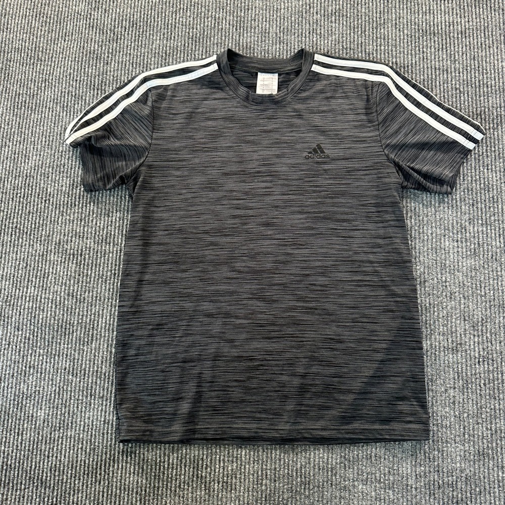 Adidas Mens Performance T-Shirt Small Gray Space Dye 3-Stripe Gym Active Top SS